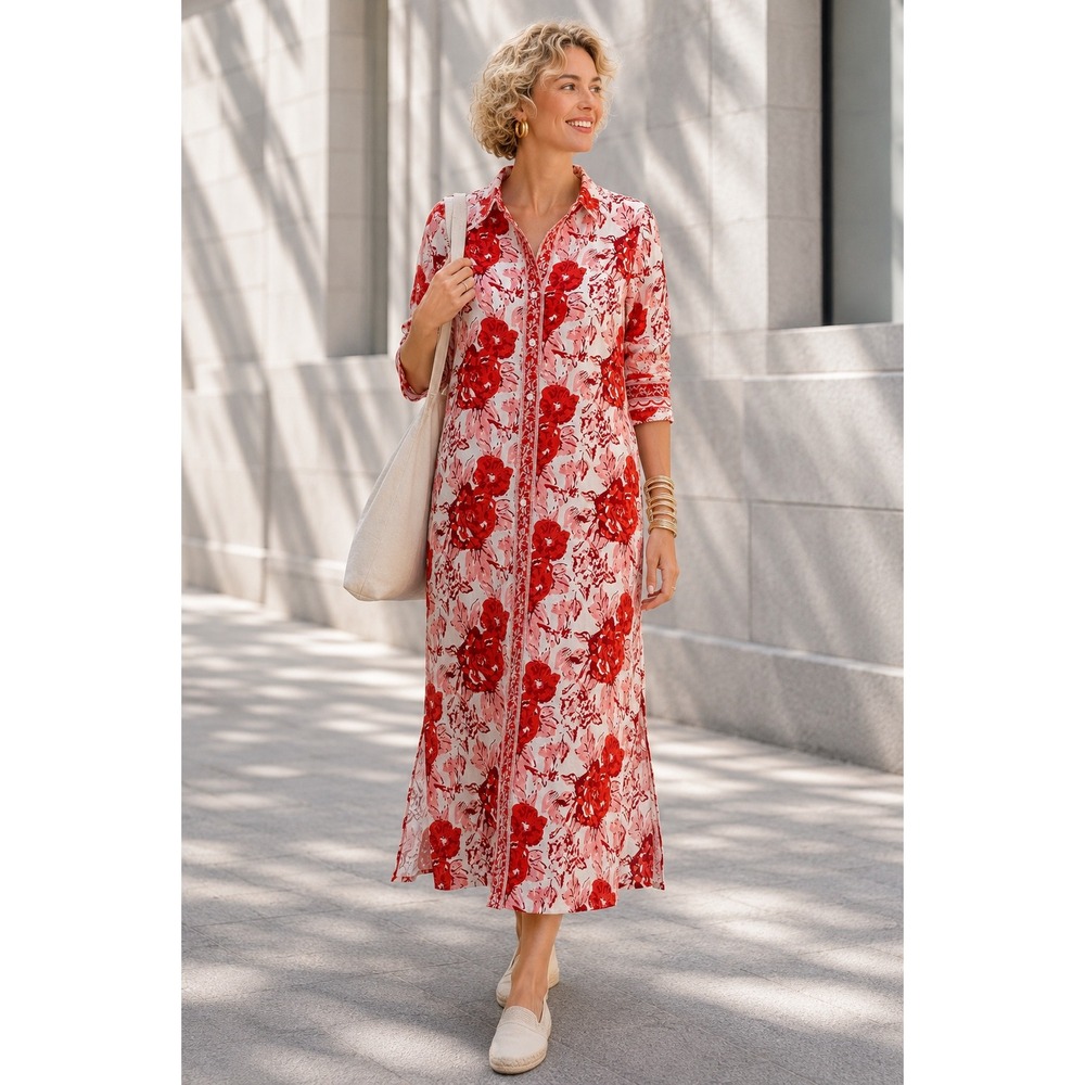 Jude Connally Womens Red Pink Floral Cotton Maxi Shirt Dress Long Sleeve XS NEW
